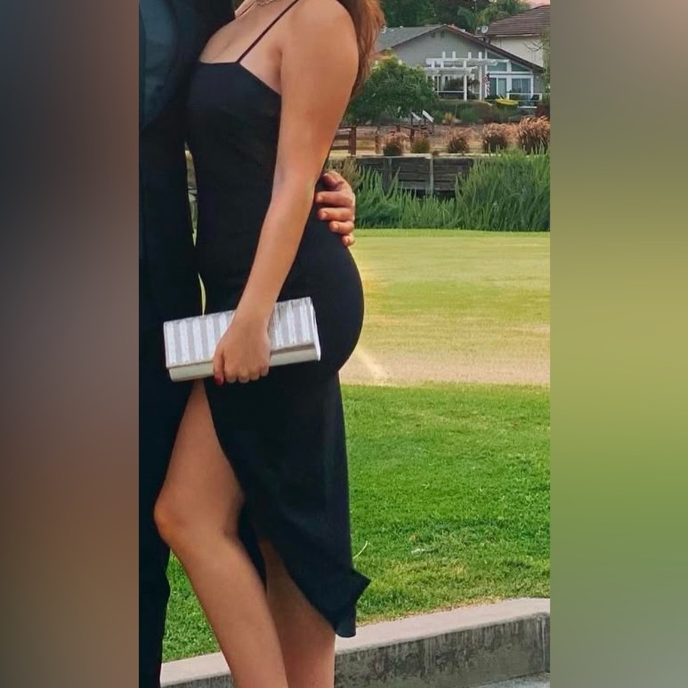 Windsor Black midi ruffle w/ slit dress
